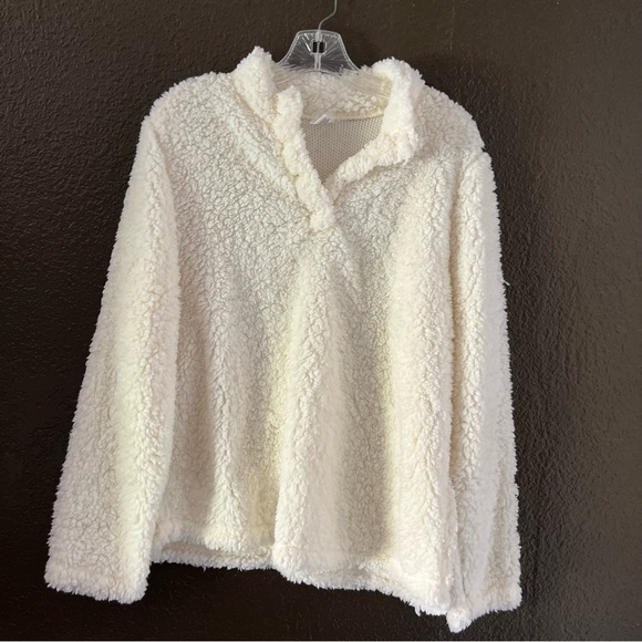 Cream 2 Button V Neck Long Sleeve Sherpa Fabric Lightweight Sweater, Size XL - Picture 1 of 5